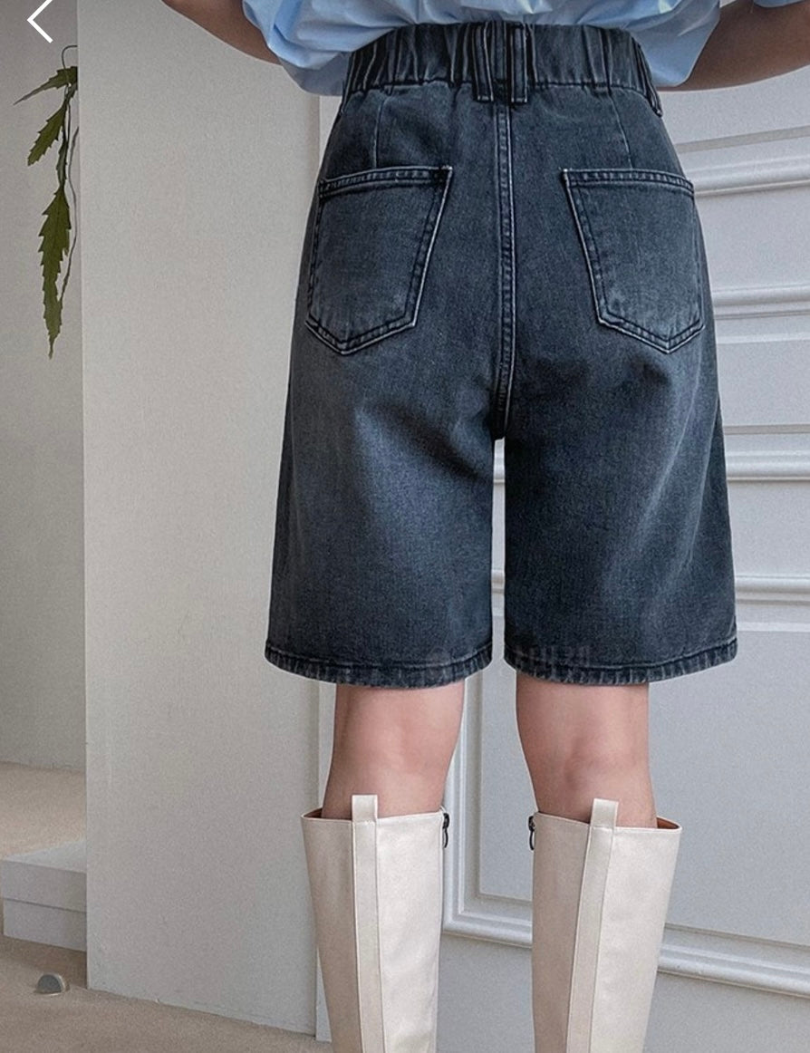 Pleat Front Denim Bermuda Shorts