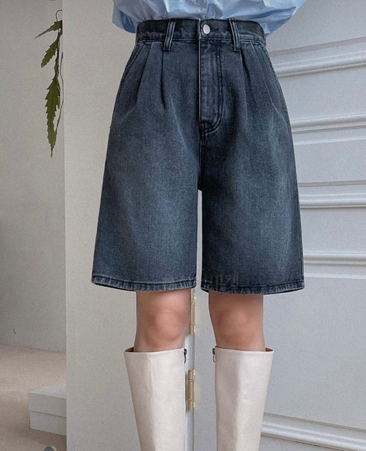 Pleat Front Denim Bermuda Shorts