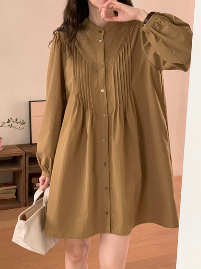Pintuck Cotton Shirt Dress