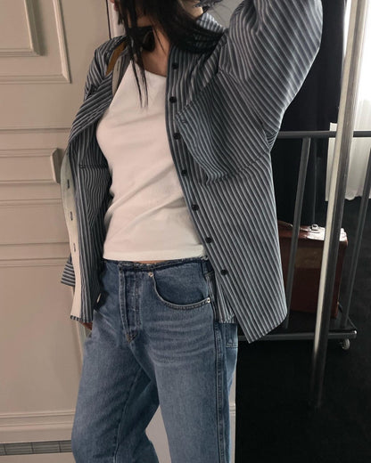 <Abi + Ari> Black Label Patched Pocket Stripe Shirt